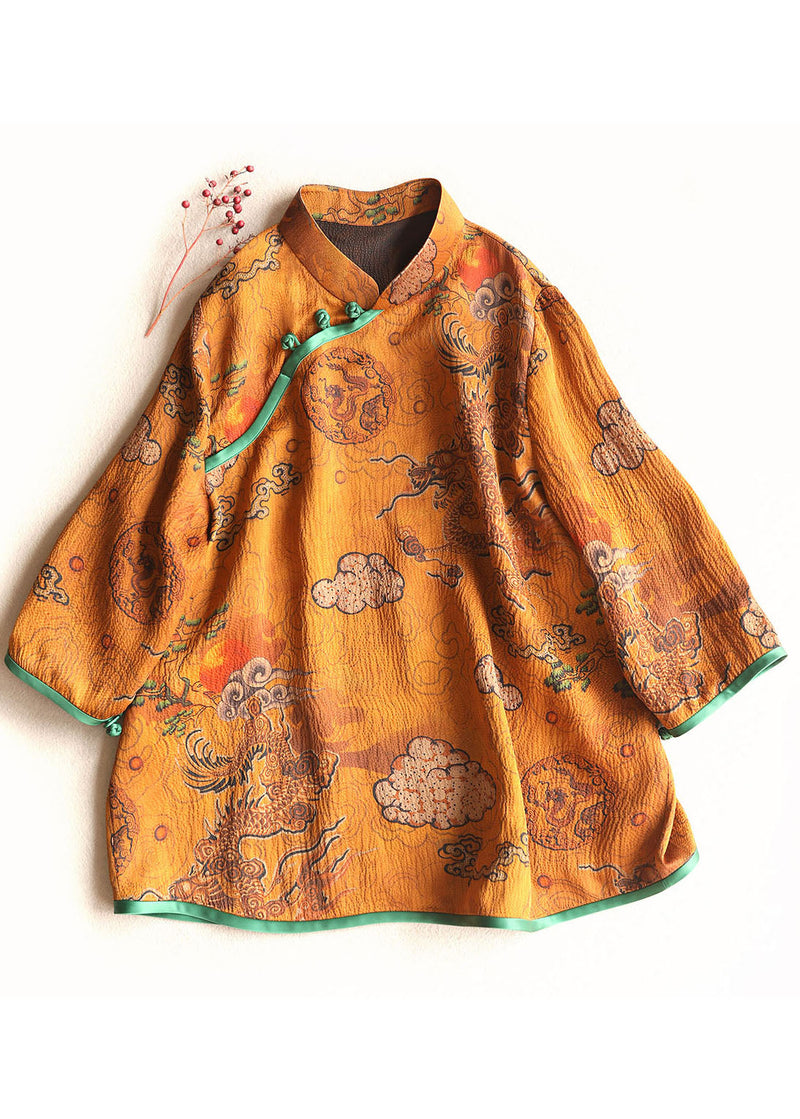 Chinese Style Ginger Stand Collar Button Print Silk Tops Spring