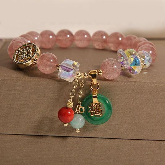 8mm Strawberry Quartz Jade Fu Blessing Healing Bracelet