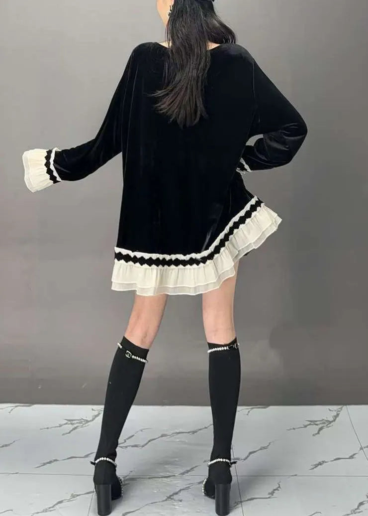 New Black O-neck Patchwork Silk Velour Tops Flare Sleeve