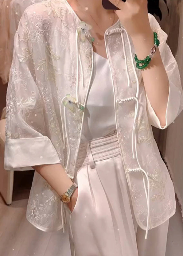 White Embroideried Chinese Button Patchwork Silk Blouses Summer