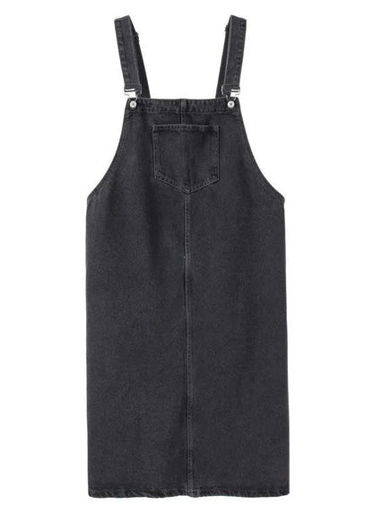 Black Slash Neck Patchwork Button Denim Long Dress Fall