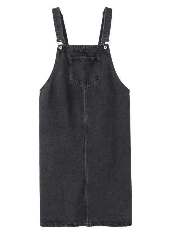 Black Slash Neck Patchwork Button Denim Long Dress Fall