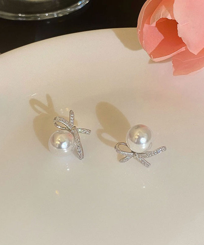 White Sterling Silver Pearl Bow Stud Earrings
