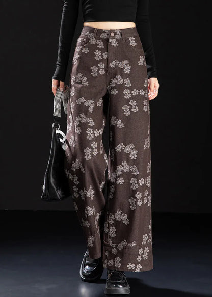 New Coffee Pockets Print Denim Straight Pants Spring