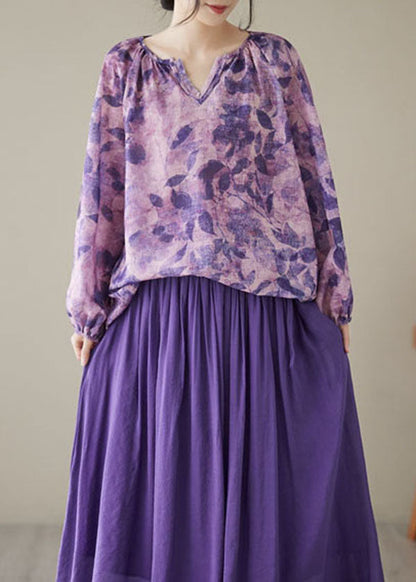 Purple Print Wrinkled Patchwork Linen Tops Long Sleeve