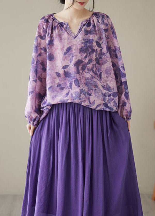 Purple Print Wrinkled Patchwork Linen Tops Long Sleeve