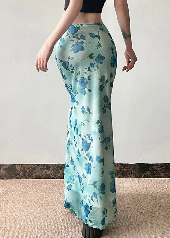 Slim Fit Blue Print High Waist Tulle Skirt Summer