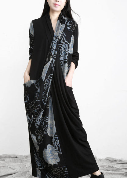 Black Bule Asymmetrical Design Pockets Cotton Dress Long Sleeve