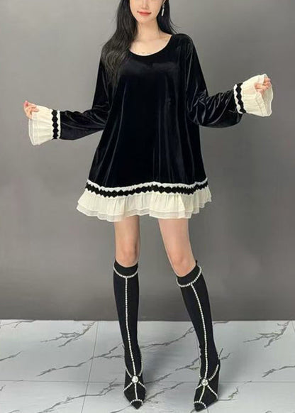 New Black O-neck Patchwork Silk Velour Tops Flare Sleeve