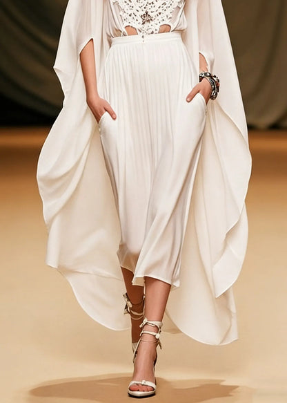 Art White V Neck Hollow Out Pockets Chiffon Two Piece Set Batwing Sleeve
