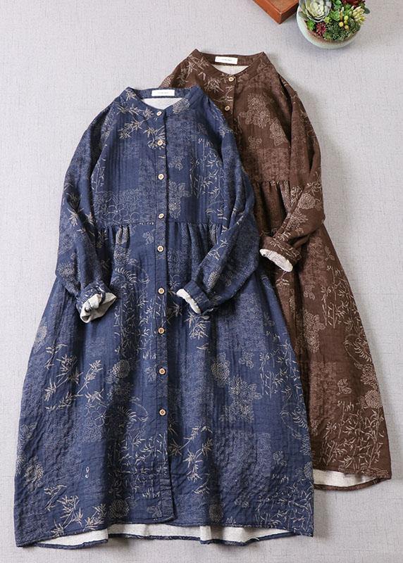 Art Blue Button Patchwork Pockets Fall Print Long Sleeve Dress