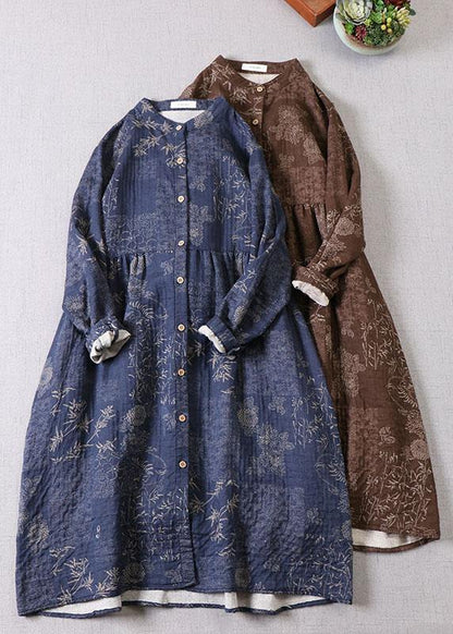 Art Blue Button Patchwork Pockets Fall Print Long Sleeve Dress