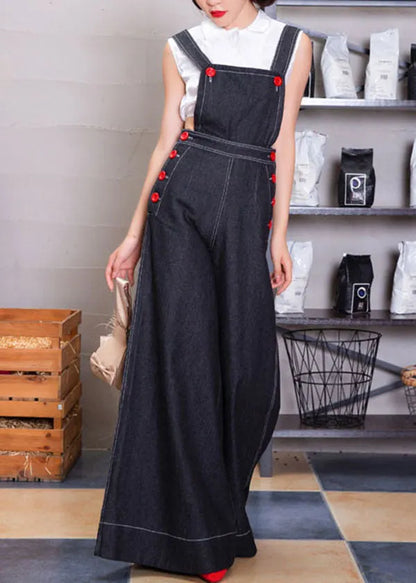 Navy Button Denim Strap Wide Leg Jumpsuit Fall