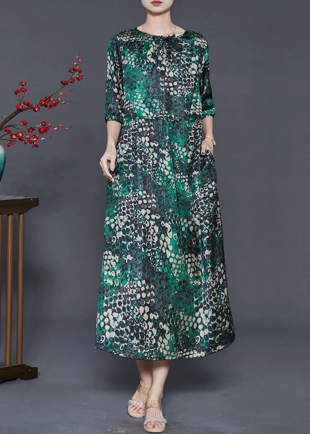 Green Print Tie Waist Silk Dress Summer