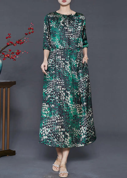 Green Print Tie Waist Silk Dress Summer