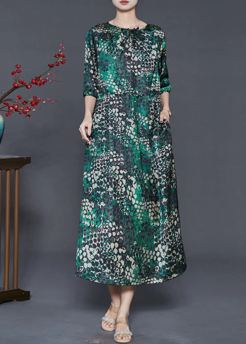 Green Print Tie Waist Silk Dress Summer