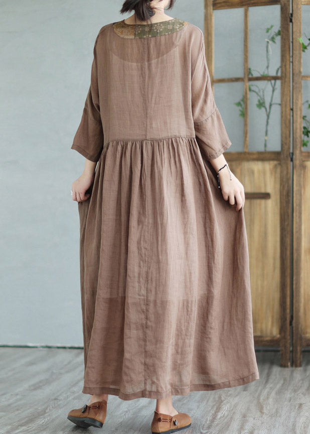 Coffee Print Tie Waist Linen Linen Top and Maxi Skirts Half Sleeve