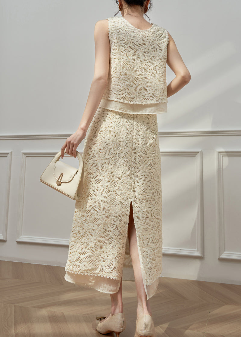 Art Beige Hollow Out Top and Maxi Skirts Two Pieces Set Sleeveless