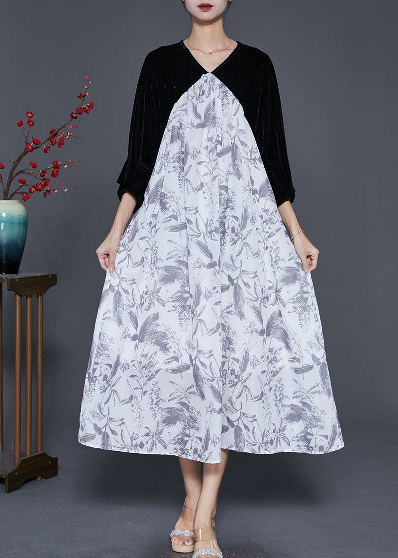 White Oversized Patchwork Silk Velour Chiffon Dress Spring