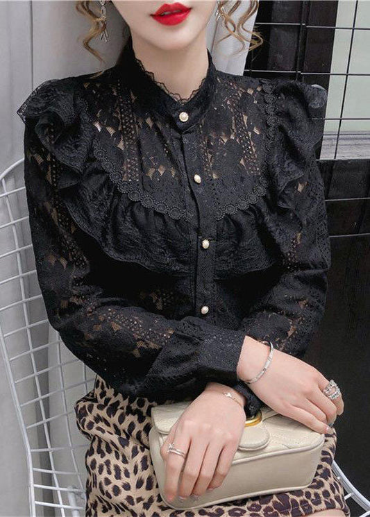 French Black Stand Collar Ruffled Lace Blouse Tops Long Sleeve