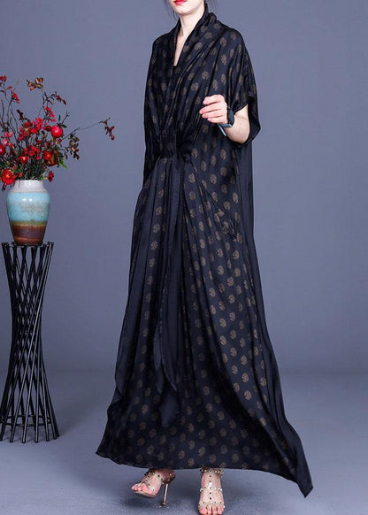 Black Print V Neck Asymmetrical Design Chiffon Vacation Dresses Summer