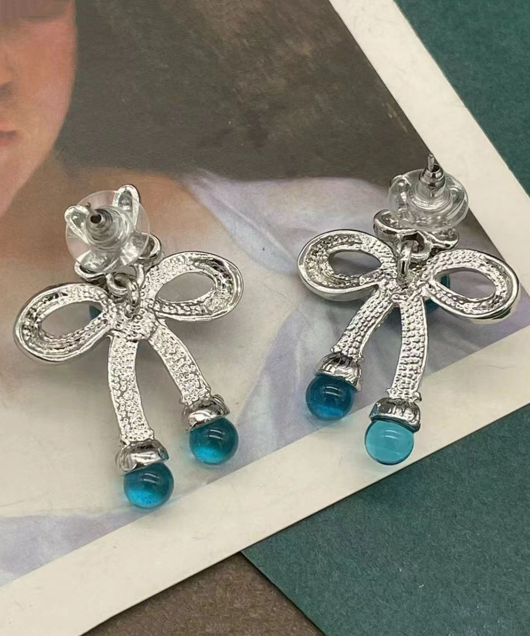 Retro Blue Sterling Silver Crystalcoloured Glaze Bow Stud Earrings