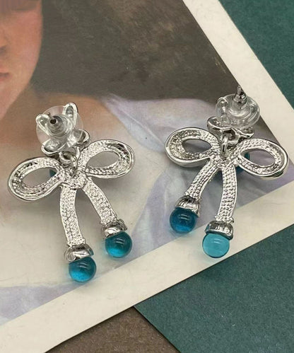Retro Blue Sterling Silver Crystalcoloured Glaze Bow Stud Earrings