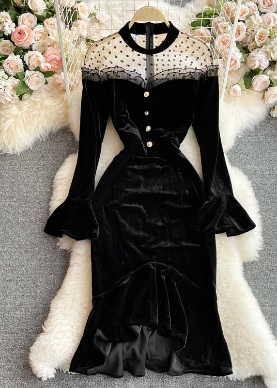 Black O-neck Tulle Patchwork Tunic Button Velour Maxi Dresses Long Sleeve