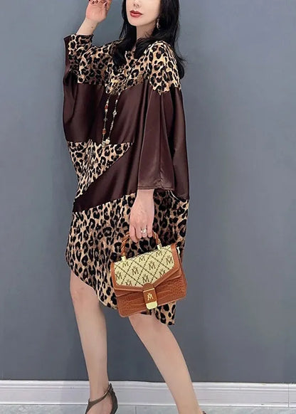 Chocolate O-neck Leopard Print Maxi Dresses Spring