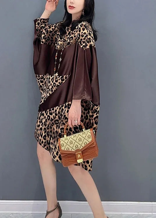 Chocolate O-neck Leopard Print Maxi Dresses Spring
