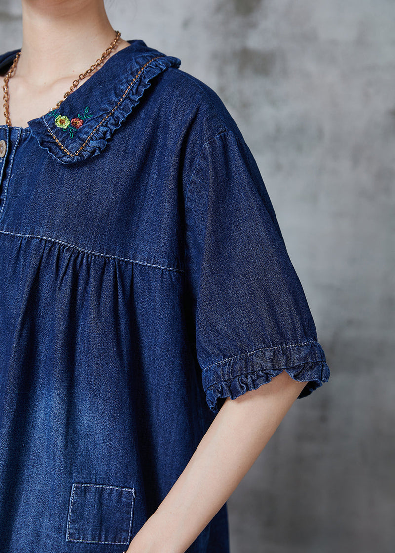 Navy Embroidered Patchwork Denim Two Pieces Set Summer