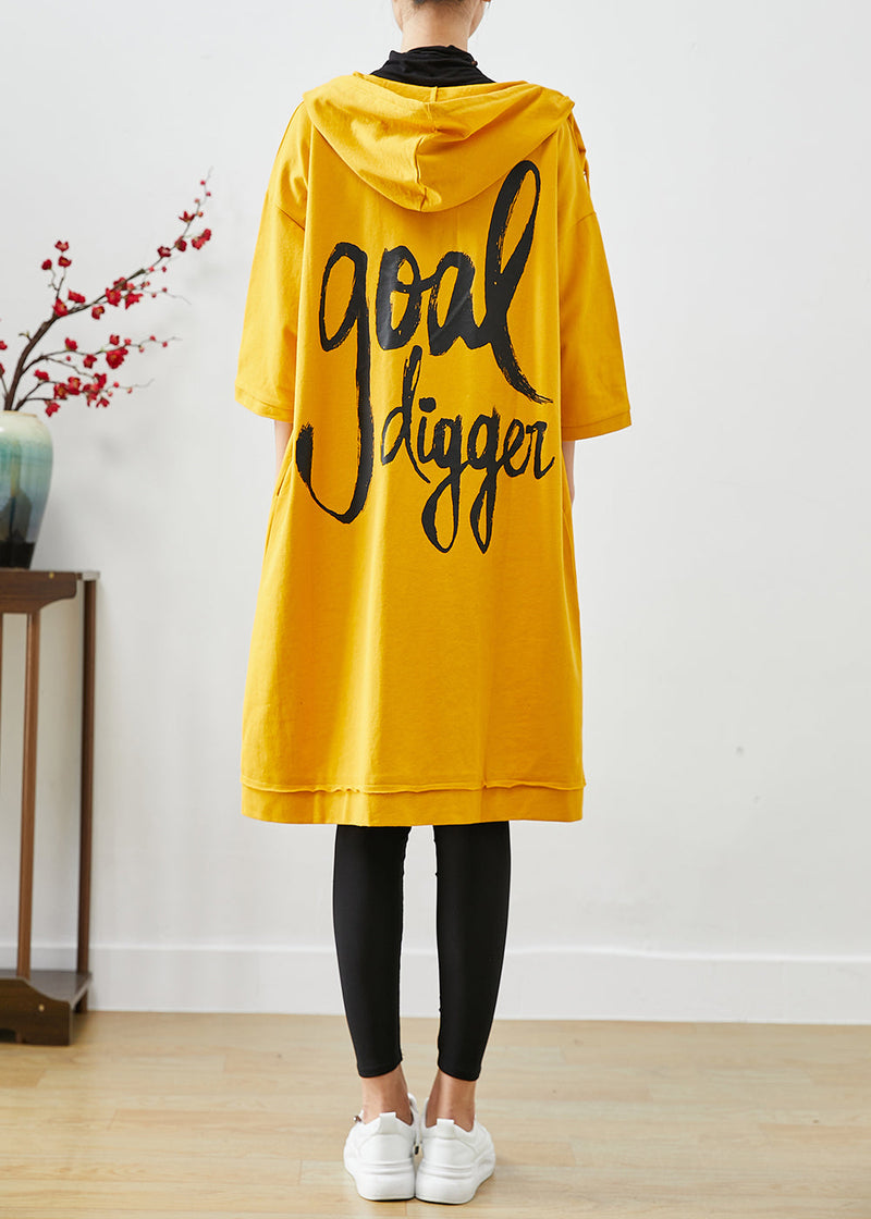 Yellow Hooded Cat Print Cotton Coat Outwear Fall