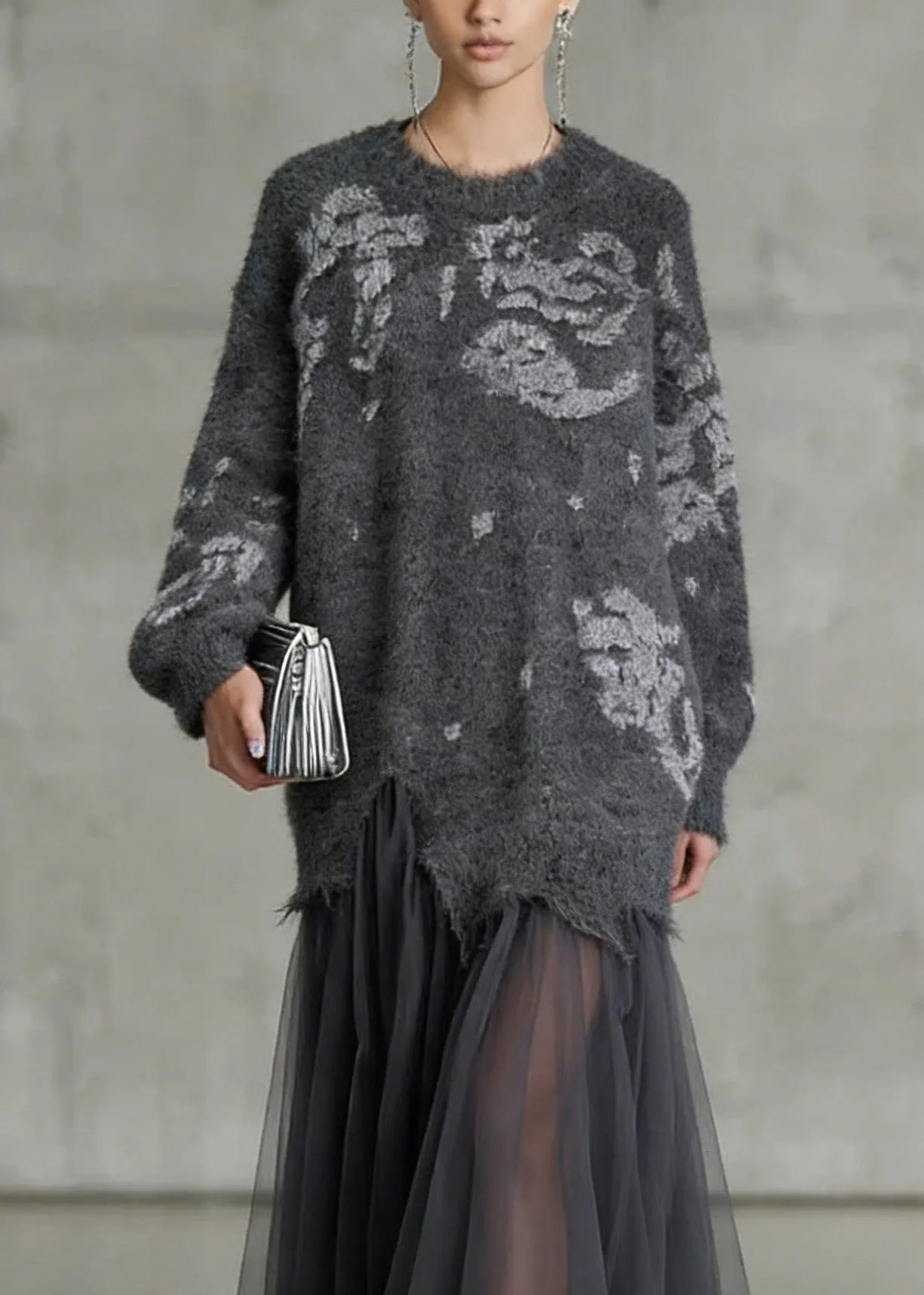 French Grey O Neck Tulle Patchwork Knit Dress Spring
