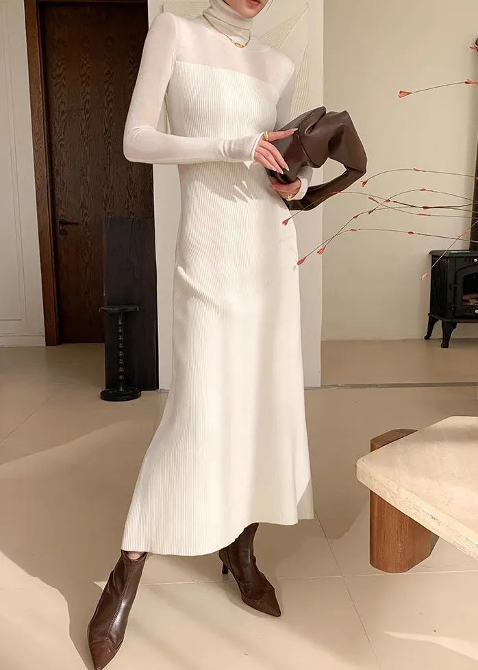 Slim Fit White Turtleneck Knit Long Dress Winter