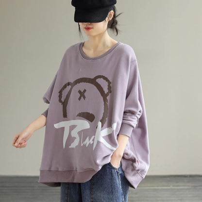 Modern Purple Cartoon Print Cotton Shirts O Neck Loose Spring Shirts