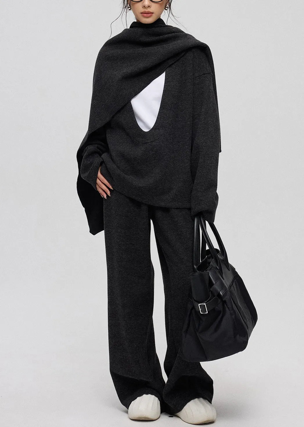 Dark Gray U Neck Cashmere Three Piece Set Winte