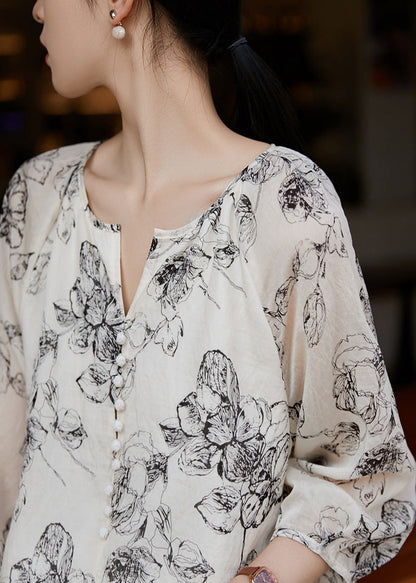 White Oversized Print Cotton Shirts Bracelet Sleeve