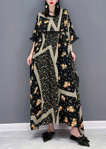 French O-neck Print Ruffled Patchwork Beach Long Dresses Half Sleeve