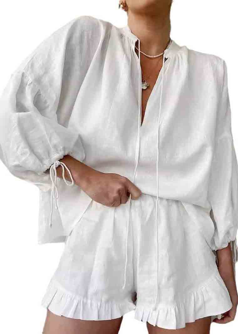 White Oversized Ruffled Cotton Sets 2 Pieces Summer