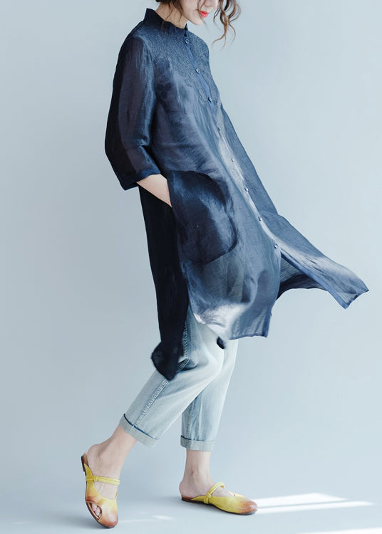 Navy Embroideried Button Blouses Three Quarter Sleeve
