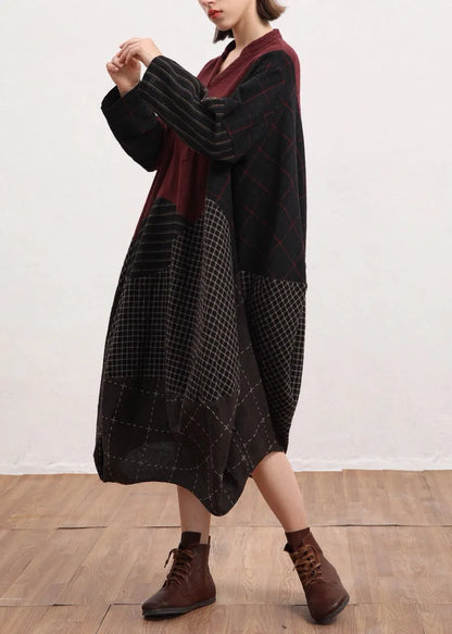 Red V Neck Plaid Patchwork Linen Dress Batwing Sleeve
