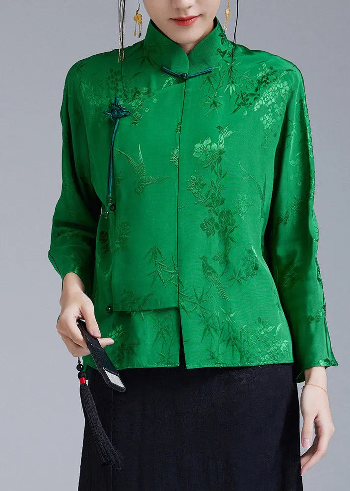 Green Stand Collar Jacquard Diagonal Button Silk Top Long Sleeve