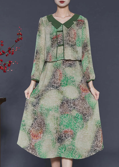 Green Tie Dye Chinese Button Chiffon Fake Two Piece Dress Spring