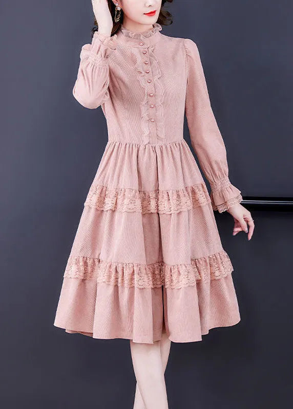 Pink Ruffled Lace Patchwork Exra Large Hem Silk Velour Dress Spring