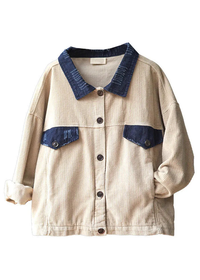 Apricot Peter Pan Collar Button Pockets Patchwork Corduroy Coats Long Sleeve