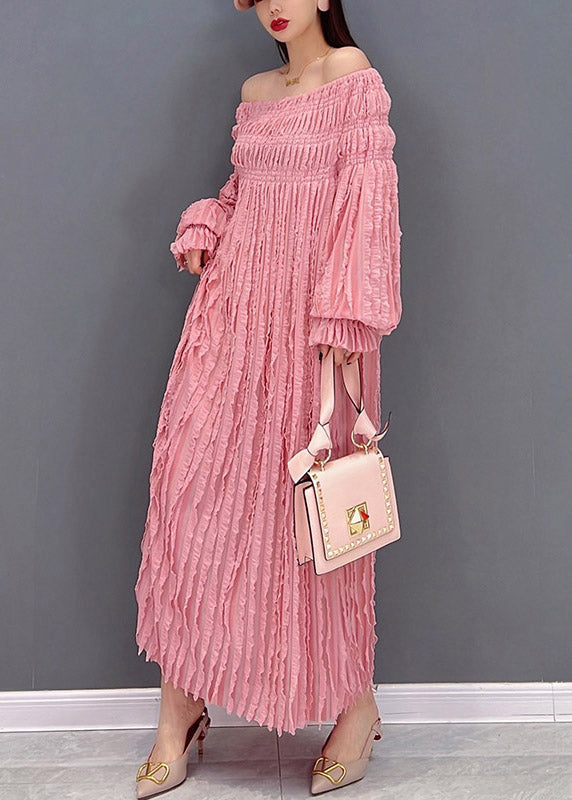 Pink Long Dresses Slash Neck Wrinkled Long Sleeve