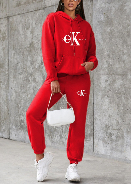 Pink Hooded Graphic Cotton Two-piece Set Spring