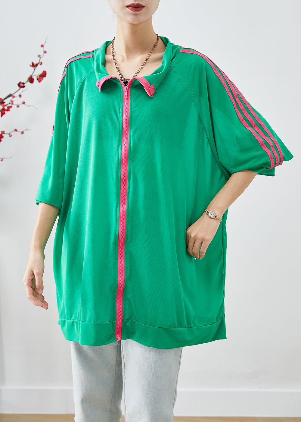 Green Oversized Zippered Spandex Sweatshirt Coats Fall
