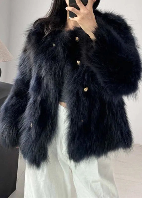 Style Navy O Neck Double Breast Leather and Fur Coat Winter