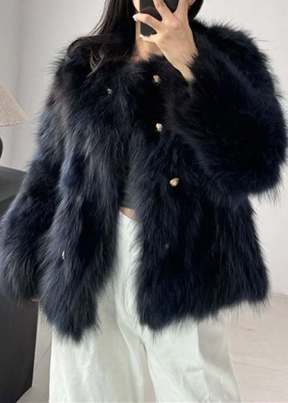 Style Navy O Neck Double Breast Leather and Fur Coat Winter